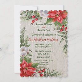 Invitación Red Poinsettia Green deja a Boda de Navidades
