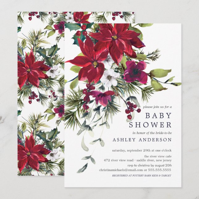 Invitación Red Poinsettia Holly Baby Shower (Anverso / Reverso)