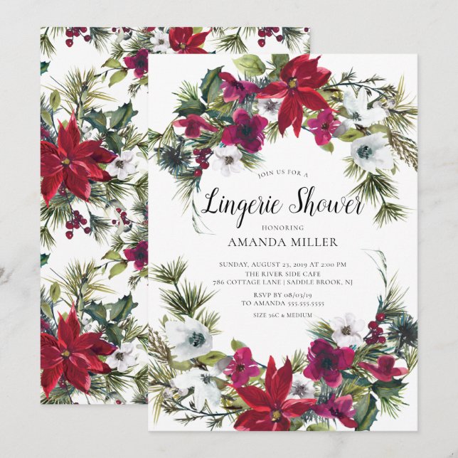 Invitación Red Poinsettia Holly Bridal Lingerie Shower (Anverso / Reverso)