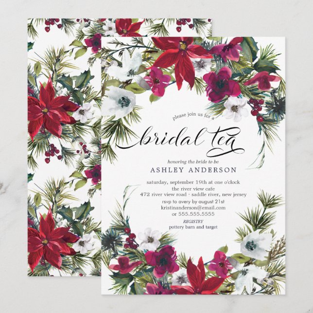Invitación Red Poinsettia Holly Bridal Shower Bridal Tea de n (Anverso / Reverso)