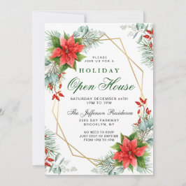 Invitación Red Poinsettia Holly Navidades Holiday Open House