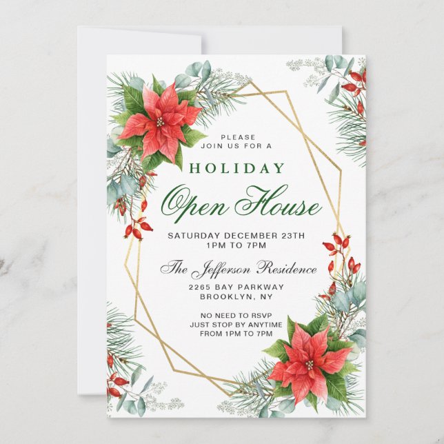 Invitación Red Poinsettia Holly Navidades Holiday Open House (Anverso)
