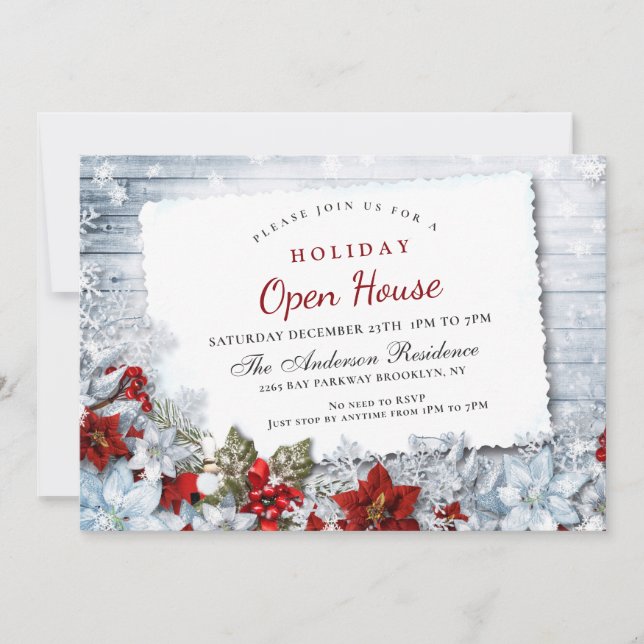 Invitación Red Poinsettia Holly Navidades Holiday Open House (Anverso)
