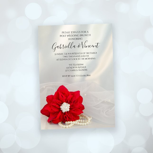 Invitación Red Poinsettia Pearls Winter Post Boda Brunch (Set an elegant tone for your December event with the Poinsettia and Pearls Wedding Brunch Invitation)