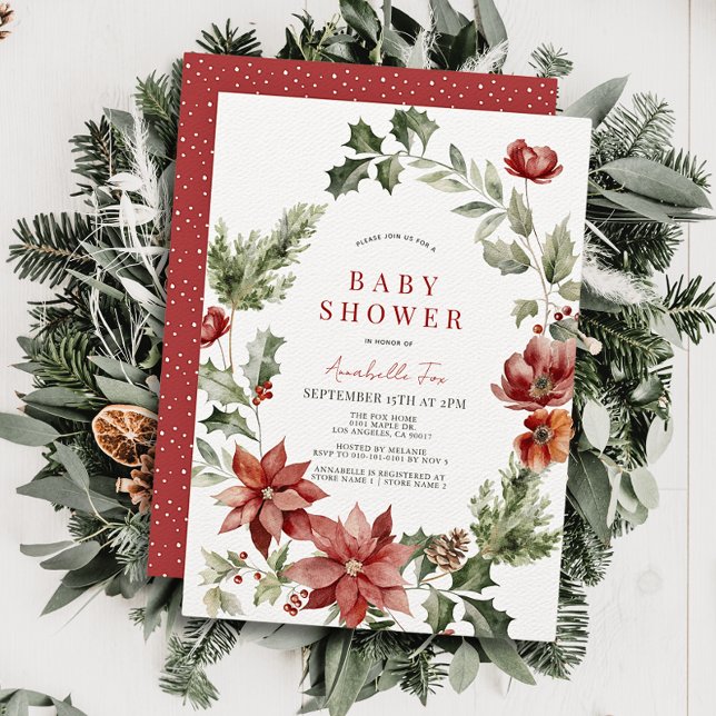 Invitación Red Poinsettia Poppy Holiday Floral Baby Shower (Subido por el creador)