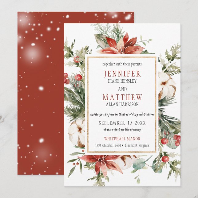 Invitación Red Poinsettias Evergreen Brands Gold Boda | (Anverso / Reverso)