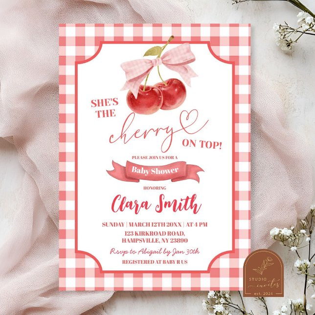 Invitación Red Preppy Coquette Cherry en Baby Shower superior (Subido por el creador)