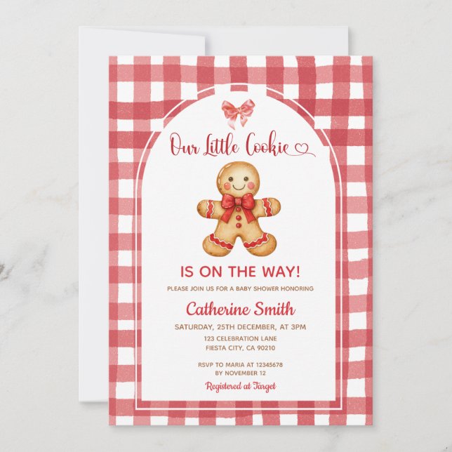 Invitación Red Preppy Gingham Gingerbread Baby Shower  (Anverso)