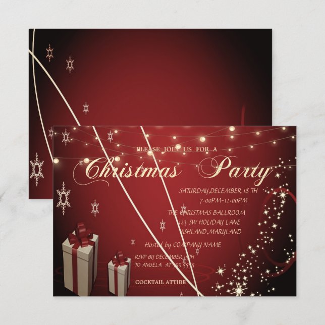 Invitación Red Presents, Bow, Fiesta de Navidad de Confetti C (Anverso / Reverso)