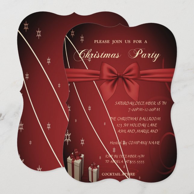 Invitación Red Presents, Fiesta de Navidad de la Compañía Bow (Anverso / Reverso)