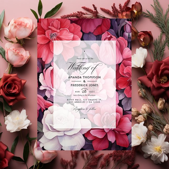 Invitación Red profunda, Boda floral Rubor rosa y plateado (Subido por el creador)