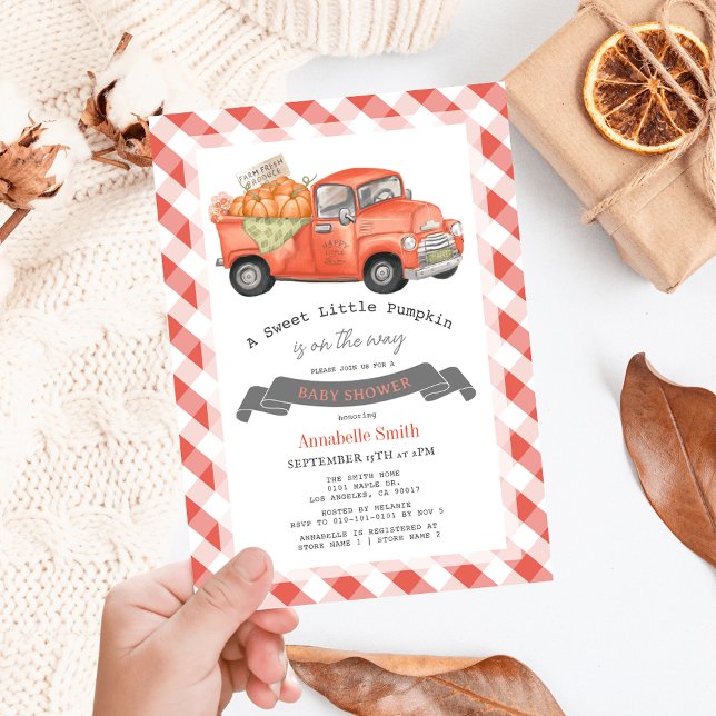 Invitación Red Pumpkin Truck Gingham Baby Shower (Subido por el creador)