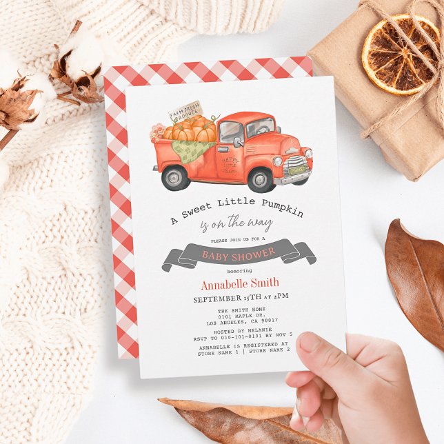 Invitación Red Pumpkin Truck Gingham Baby Shower (Subido por el creador)