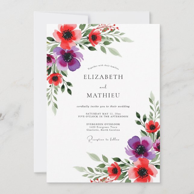 Invitación Red Purple Floral Whimsical Wedding (Anverso)