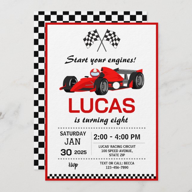 Invitación Red Race Car Birthday Party (Anverso / Reverso)