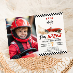 Invitación Red Race Car Need four Speed 4Birthday Photo