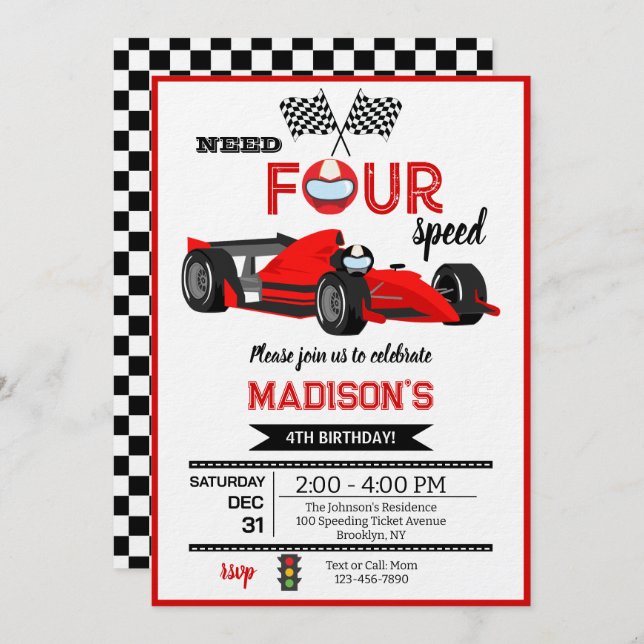Invitación Red Race Car Need Four Speed Birthday Party (Anverso / Reverso)