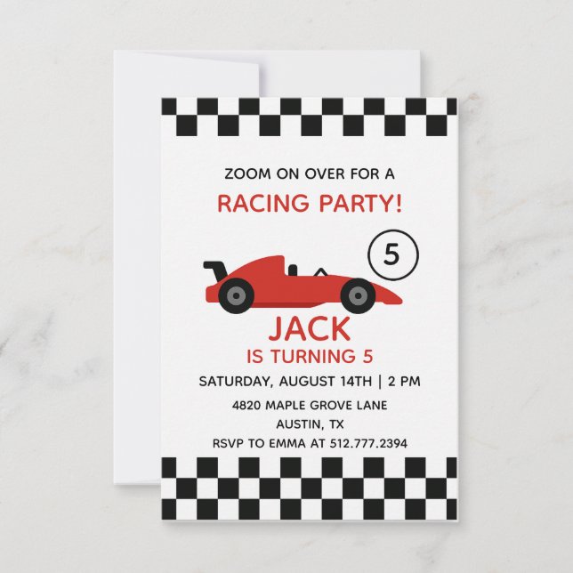 Invitación Red Racing Car Birthday • Boys Race Party (Anverso)