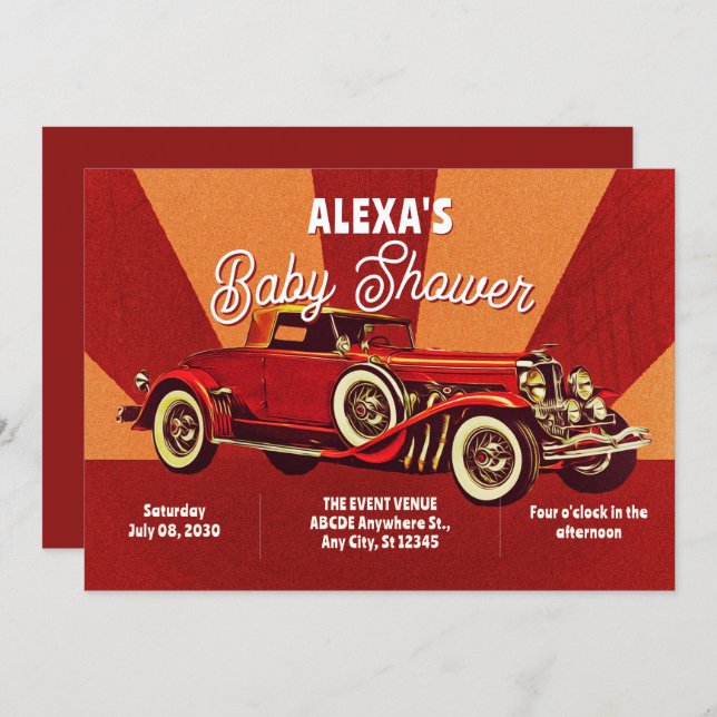 Invitación Red retro classic car baby shower (Anverso / Reverso)