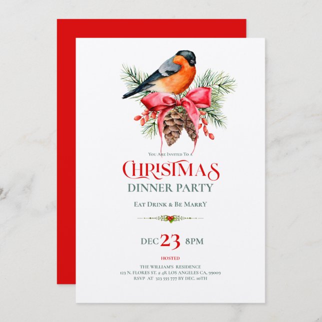 Invitación Red Robin with pinecones Christmas design (Anverso / Reverso)