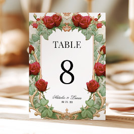 Invitación Red Rose Art Nouveau Wedding Table Number