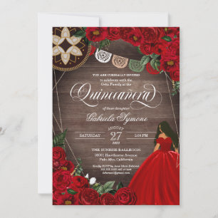 Invitación Red Rose Ball Gown Western Charro Quinceañera