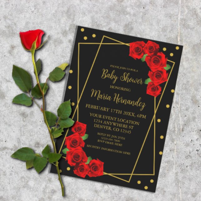 Invitación Red Rose Black and Gold Baby Shower (Subido por el creador)