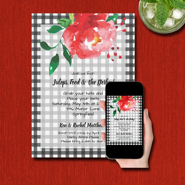 Invitación Red Rose Black Gingham Derby Fiesta (INSTANT DOWNLOAD and/or PRINTED red rose on gingham Derby party invitations )