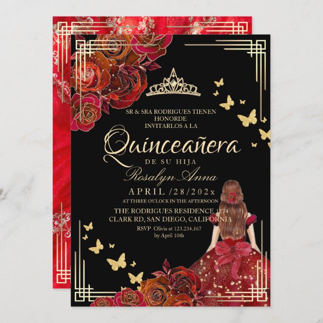 Invitación Red Rose Black Gold Butterfly Quinceañera (Anverso / Reverso)