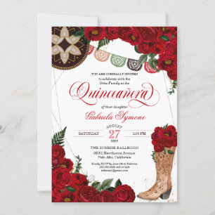 Invitación Red Rose Charra Cowgirl Boots Western Quinceañera
