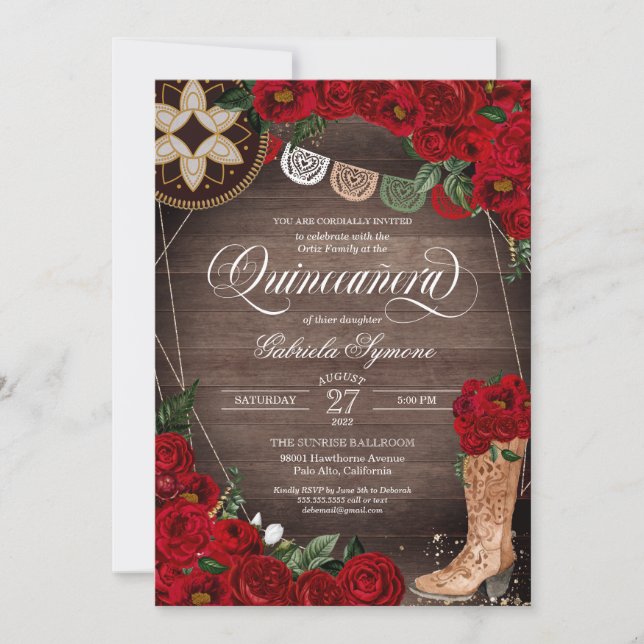 Invitación Red Rose Cowgirl Boots Western Charro Quinceañera (Anverso)