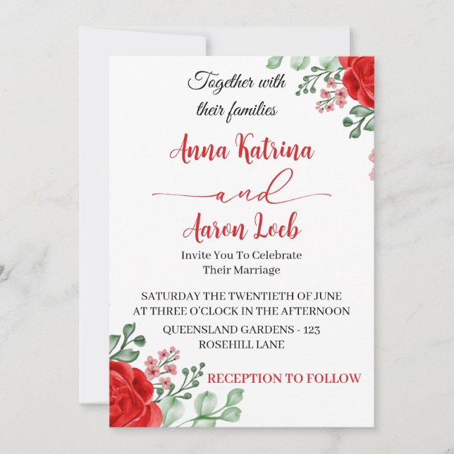 Invitación Red Rose Floral Wedding Invitation Template (Anverso)