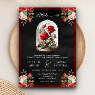 Invitación Red Rose Glass Dome QR Code Boda musulmán negro