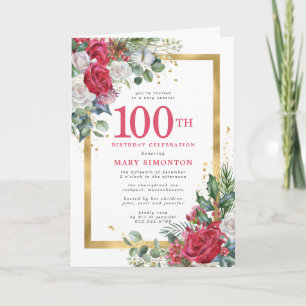 Invitación Red Rose Gold Holly 100 cumpleaños