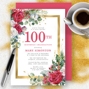 Invitación Red Rose Gold Holly 100 cumpleaños