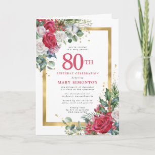 Invitación Red Rose Gold Holly 80 cumpleaños