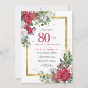 Invitación Red Rose Gold Holly 80 cumpleaños