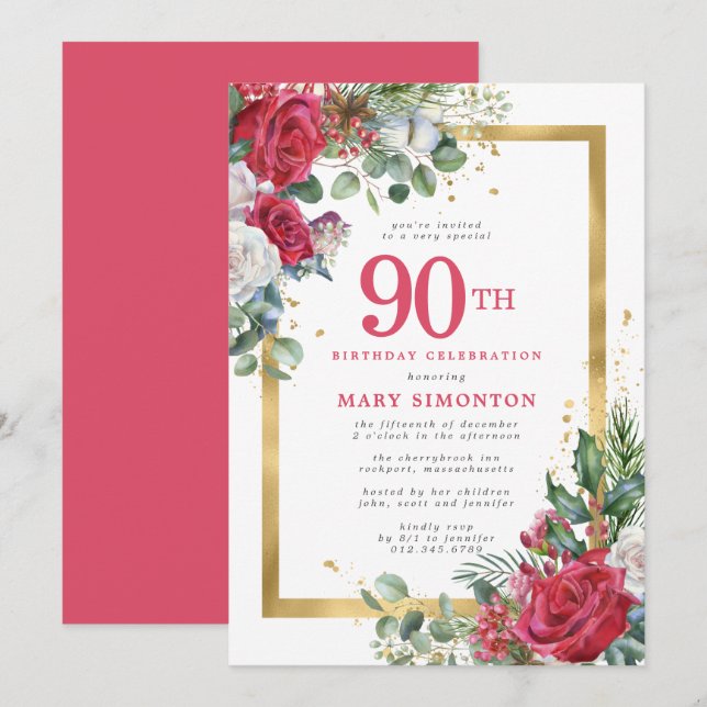 Invitación Red Rose Gold Holly 90 cumpleaños (Anverso / Reverso)