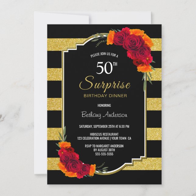 Invitación Red Rose Gold Stripe Sorpresa 50 cumpleaños cena (Anverso)