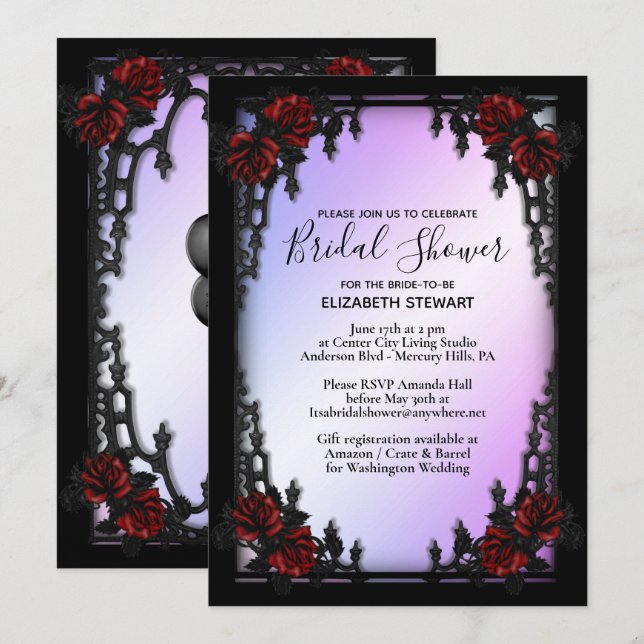 Invitación Red Rose Gothic Bridal Shower w Información de reg (Anverso / Reverso)