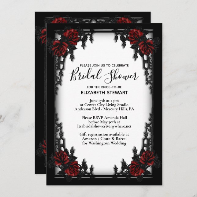 Invitación Red Rose Gothic Bridal Shower w Información de reg (Anverso / Reverso)