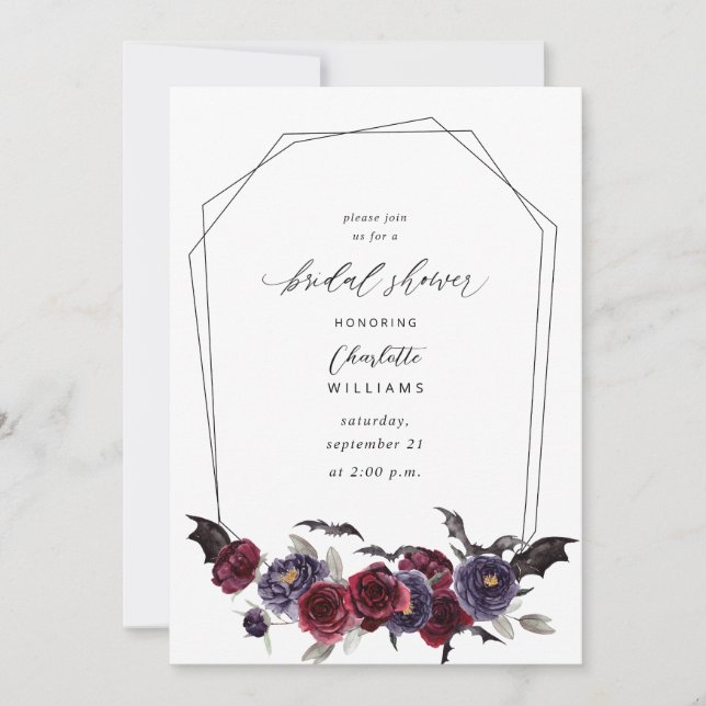 Invitación Red Rose Halloween Bats Bridal Shower - Blanco (Anverso)