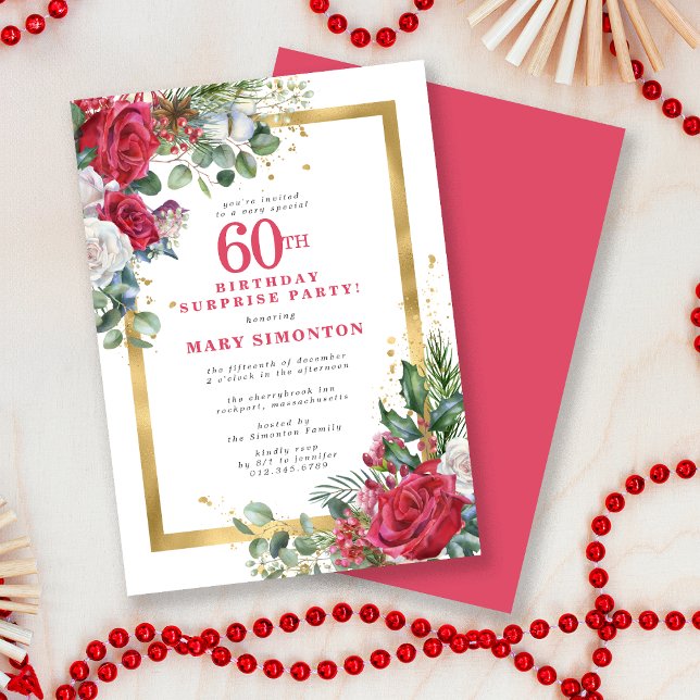 Invitación Red Rose Holly 60th Birthday Surprise Fiesta (Subido por el creador)