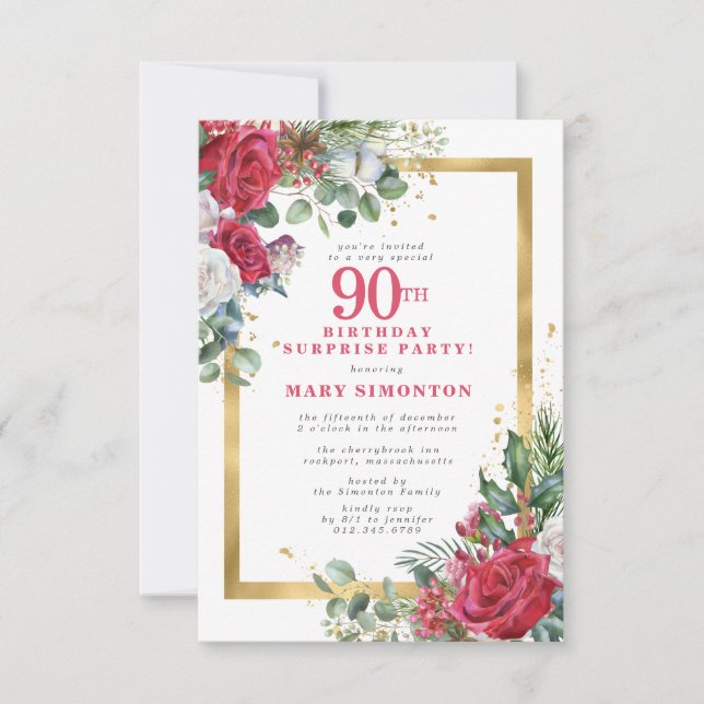 Invitación Red Rose Holly 90th Surprsie Fiesta (Anverso)