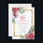 Invitación Red Rose Holly 90th Surprsie Fiesta<br><div class="desc">Hermosos rosas rojos y blancos están enclavados en hojas de holly y eucalipto para crear una elegante pantalla floral. Están decorados con un amplio marco dorado y adornados con polvo de confeti dorado. El fiesta sorpresa de 100 años y el nombre de la persona están escritos en un gran texto...</div>