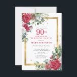 Invitación Red Rose Holly 90th Surprsie Fiesta<br><div class="desc">Hermosos rosas rojos y blancos están enclavados en hojas de holly y eucalipto para crear una elegante pantalla floral. Están decorados con un amplio marco dorado y adornados con polvo de confeti dorado. El fiesta sorpresa de 100 años y el nombre de la persona están escritos en un gran texto...</div>