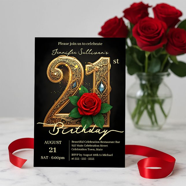 Invitación Red Rose Jewel Accents Filigree Gold 21st Birthday (Subido por el creador)