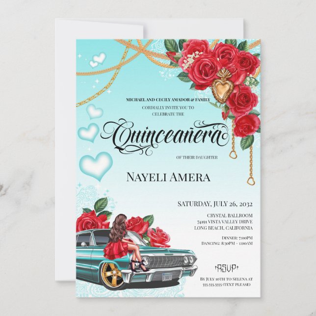 Invitación Red Rose Lowrider Chola Chicano Quinceanera (Anverso)