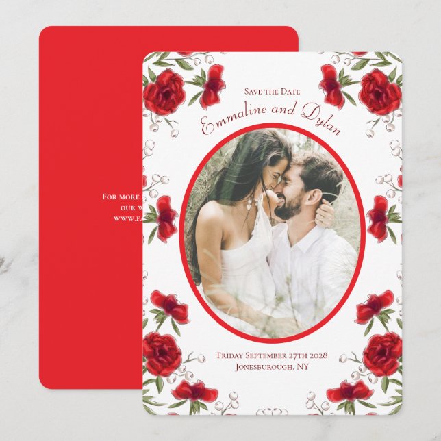Invitación Red Rose Romantic Wedding Photo Save the Date (Anverso / Reverso)