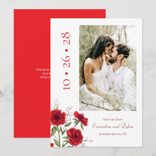 Invitación Red Rose Romantic Wedding Save the Date (Anverso / Reverso)